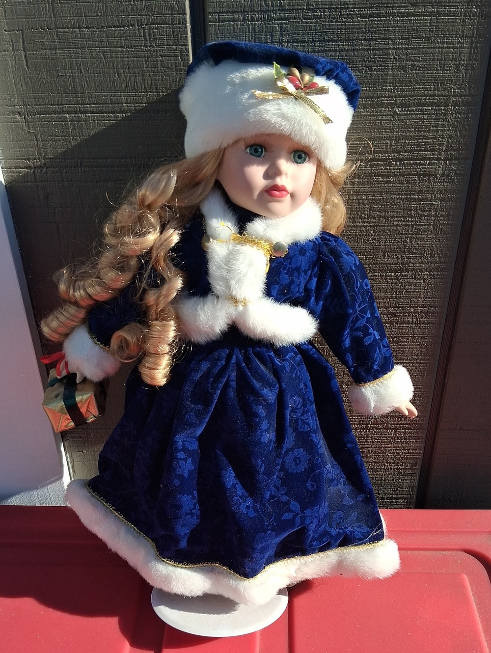 Porcelain Holiday Doll with White Fur Trim